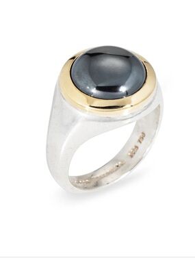 c1999 Tiffany & Co Hematite Ring Sz 7.75 Sterling Silver 18k Gold Band Signed